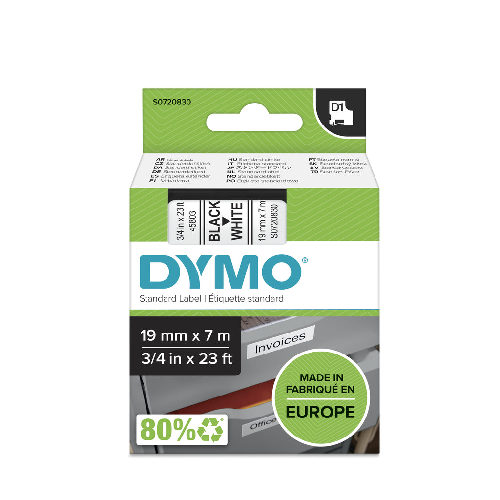 DYMO D1 étiquettes autocollantes authentiques | impression en noir sur fond blanc | 19 mm x 7 m | pour étiqueteuses LabelManager