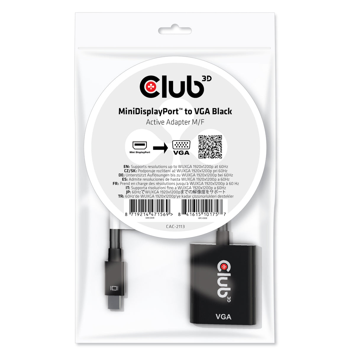 CLUB3D CAC-2113 Adaptateur Mini DisplayPort vers VGA, Câble Vidéo 0,228 m, Noir