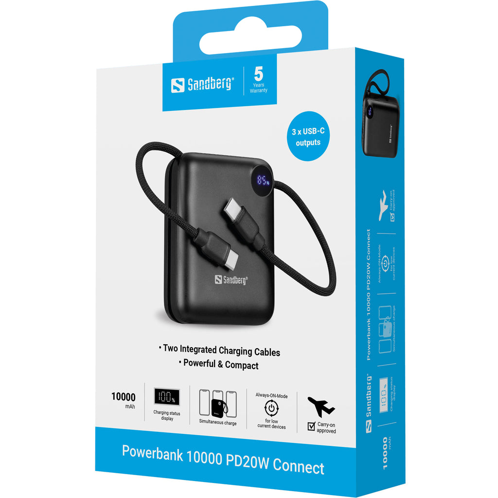 Sandberg 421-26 Powerbank 10000 mAh PD20W Connect, Batterie Externe LiPo, Noir