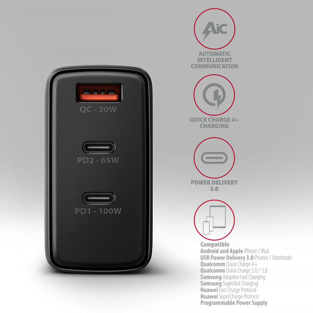 Axagon ACU-DPQ100 chargeur d'appareils mobiles Ordinateur portable, Téléphone portable, Netbook, Ordinateur portable, Smartphone, Smartwatch, Tablette, Universel Noir Secteur Charge rapide Intérieure