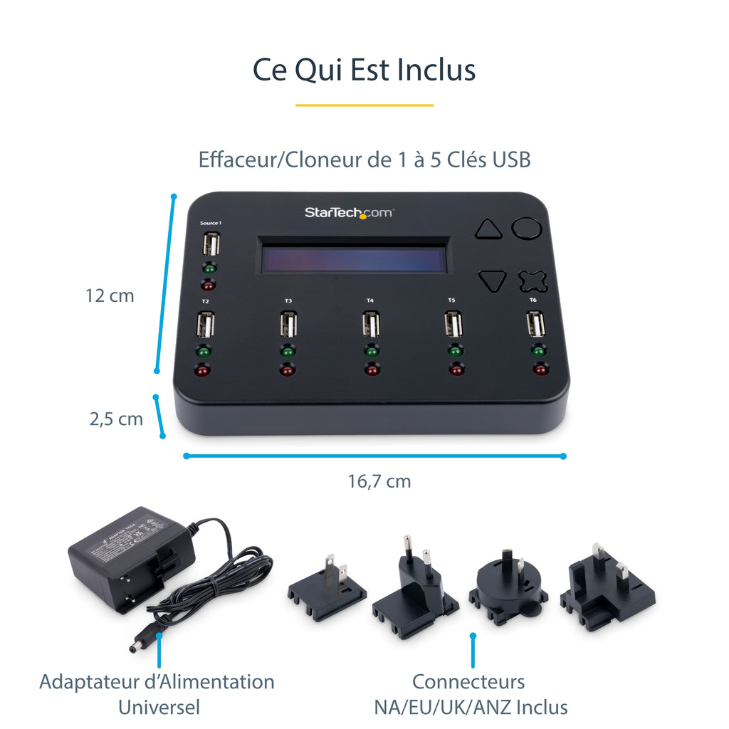 StarTech.com Duplicateur et Effaceur Autonome de 1 à 5 Clés USB USBDUP15, 1,5 Go/min, Affichage LCD
