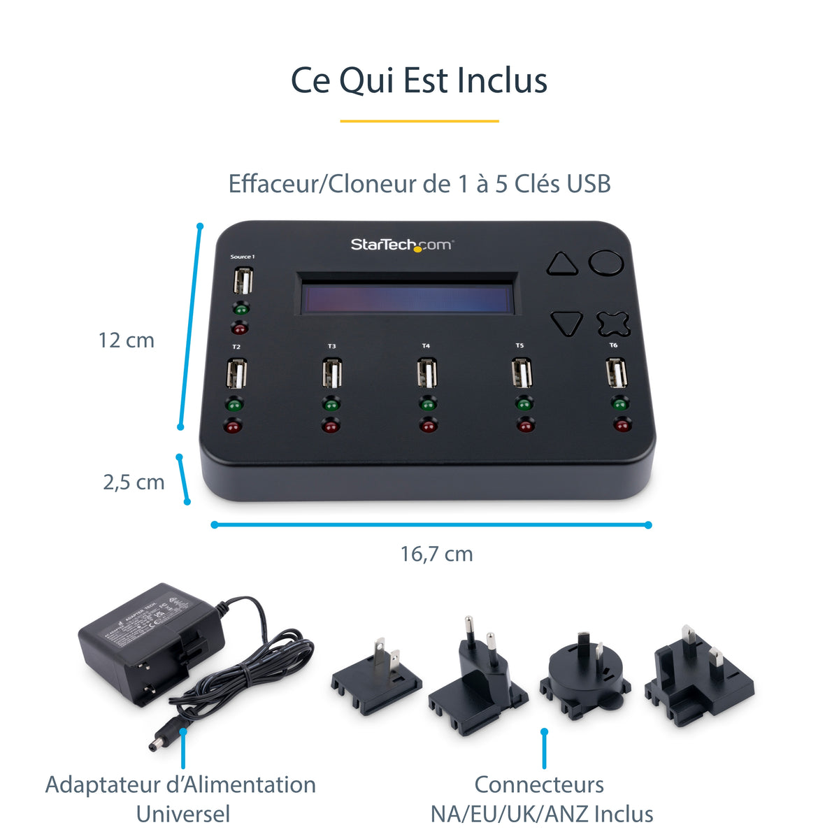 StarTech.com Duplicateur et Effaceur Autonome de 1 à 5 Clés USB USBDUP15, 1,5 Go/min, Affichage LCD