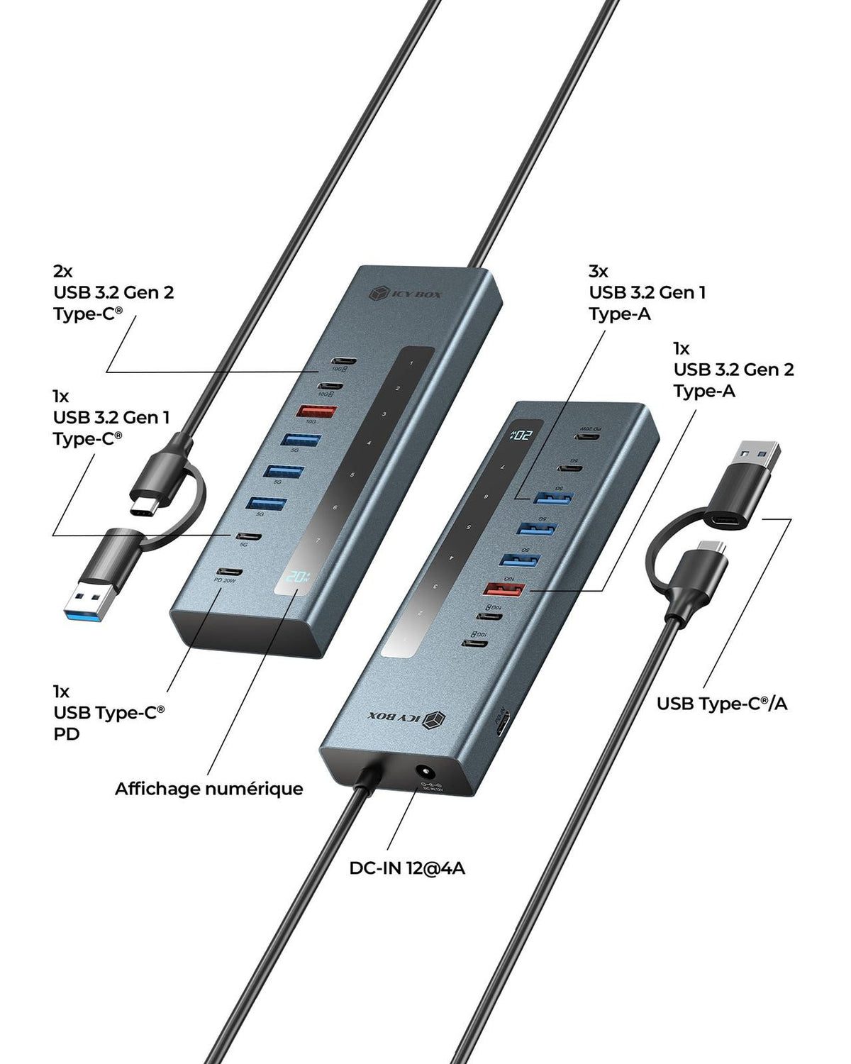 ICY BOX IB-HUB1743-CPD USB 3.2 Gen 2 (3.1 Gen 2) Type-A + Type-C 10000 Mbit/s Blu