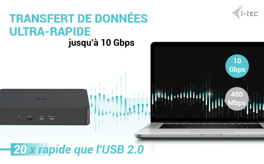 i-tec Station d'accueil Professionnelle Dual 4K Generation 2, USB 3.0 / USB-C / Thunderbolt 3, Power Delivery 100W