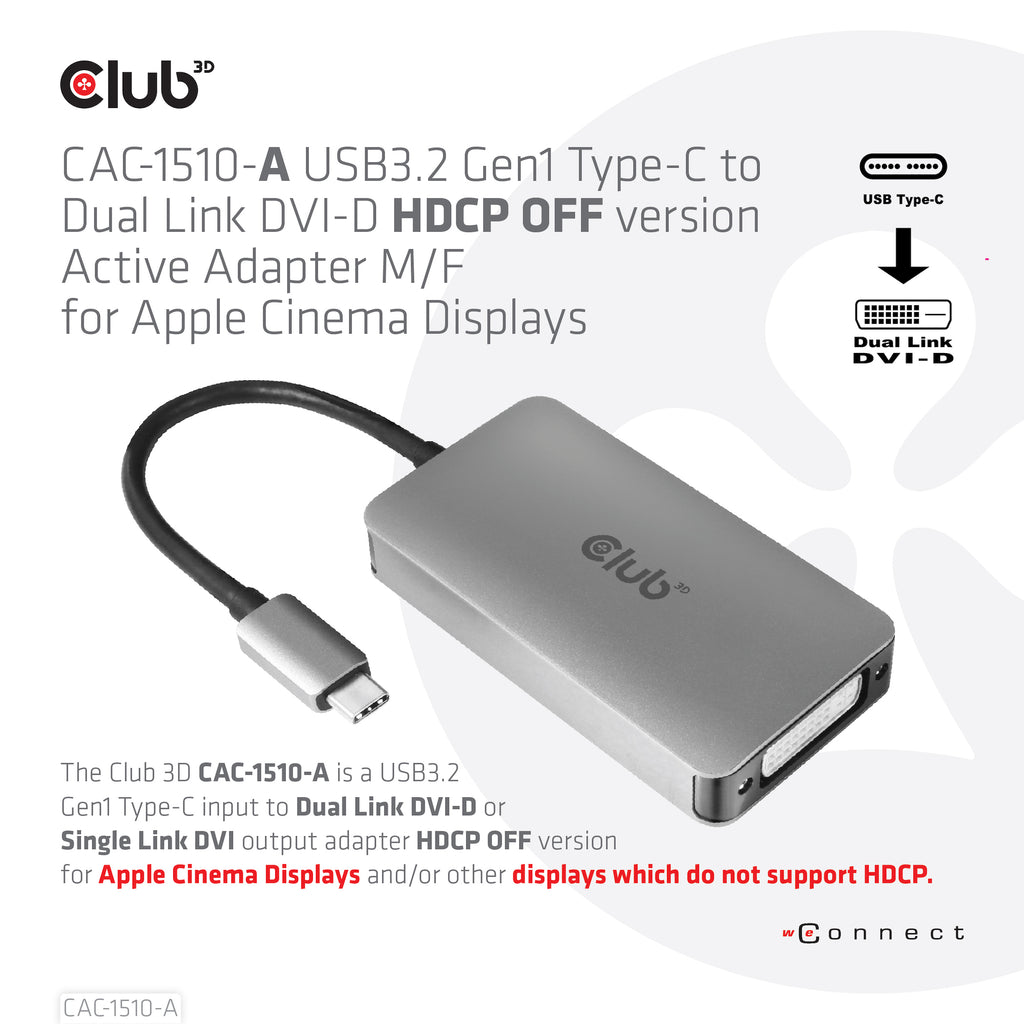 Club 3D CAC-1510-A USB-C til DVI-D aktiv videoadapter Grå