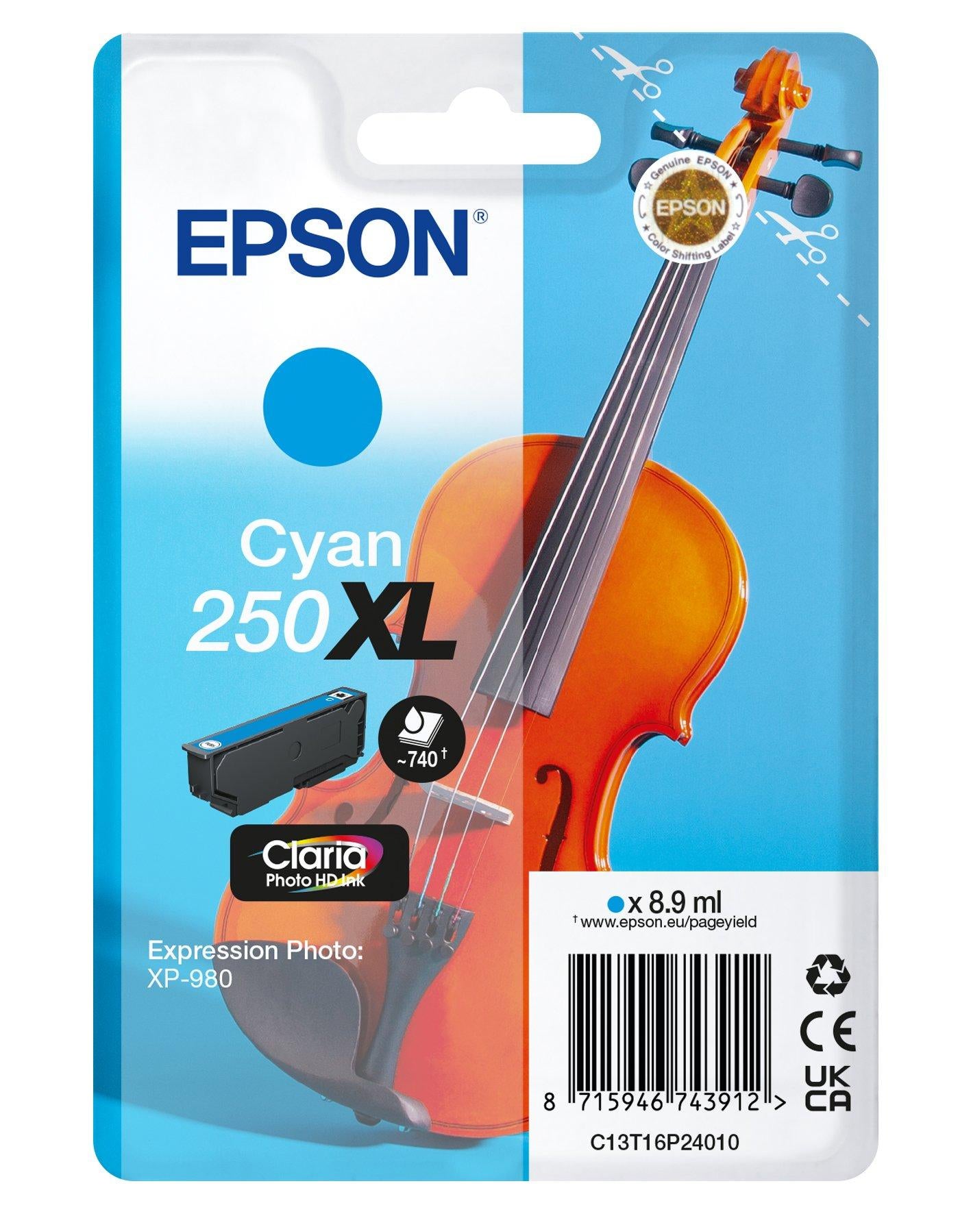 Epson 250XL Violin Claria Photo HD cartouche d'encre 1 pièce(s) Original Rendement élevé (XL) Cyan