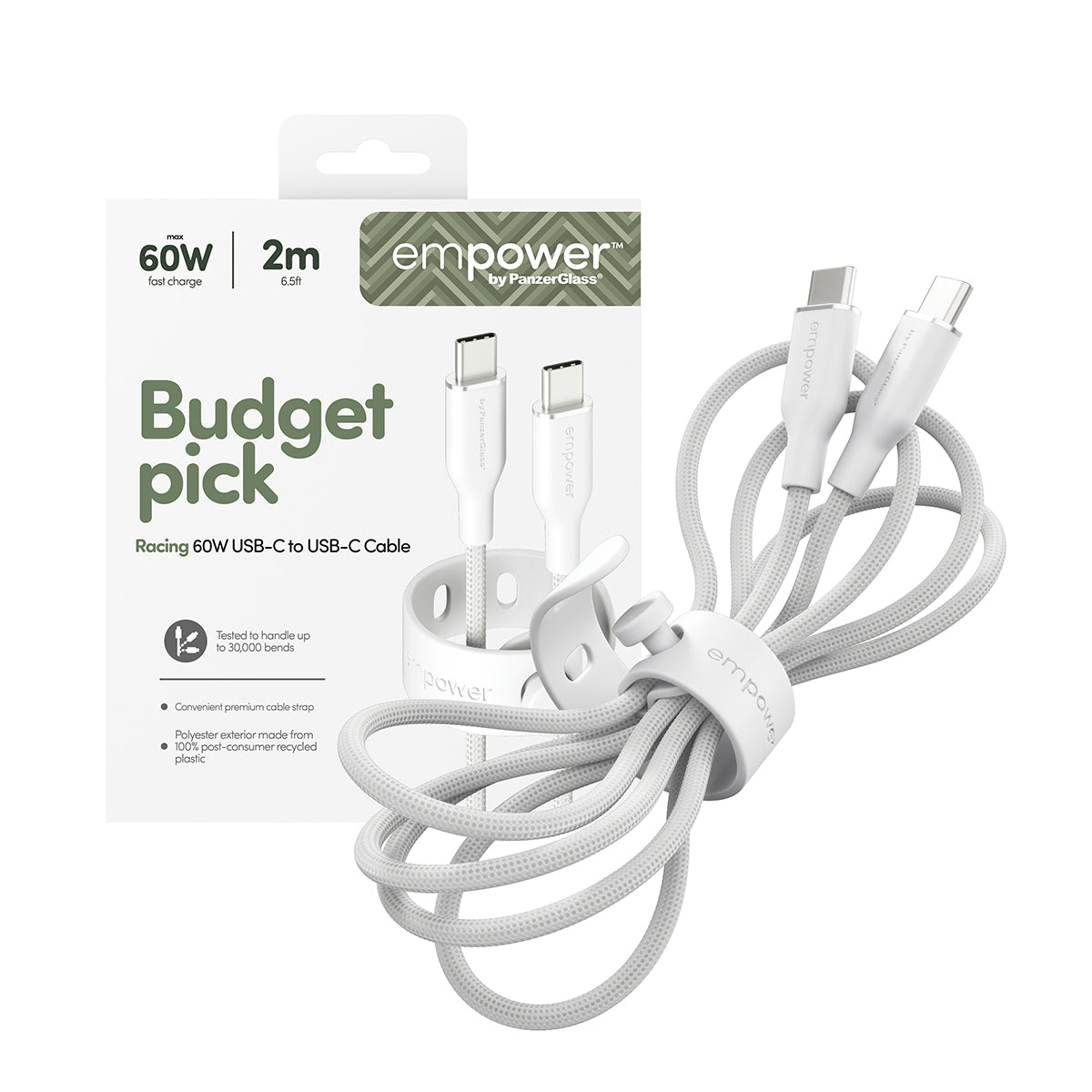 PanzerGlass empower™ by ® Racing 60W USB-C to USB-C Cable | USB 2.0 | 2M | Silver White câble USB Blanc