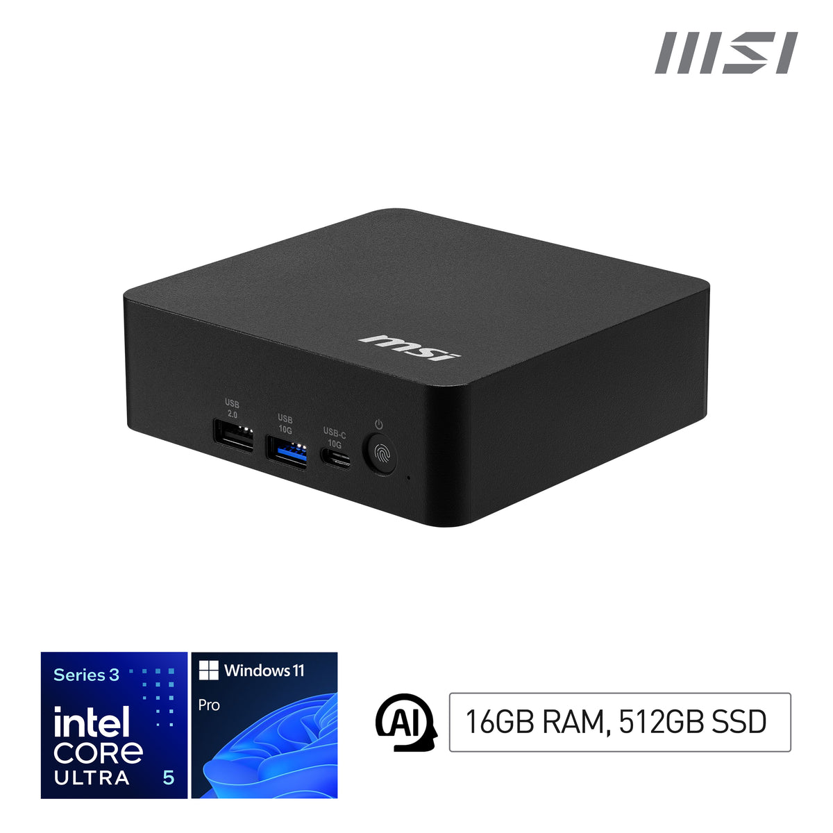 MSI Cubi NUC AI+ 3MG-004EU Copilot+ PC Intel Core Ultra 5 322 16 Go DDR5-SDRAM 512 Go SSD Windows 11 Pro Mini PC Noir