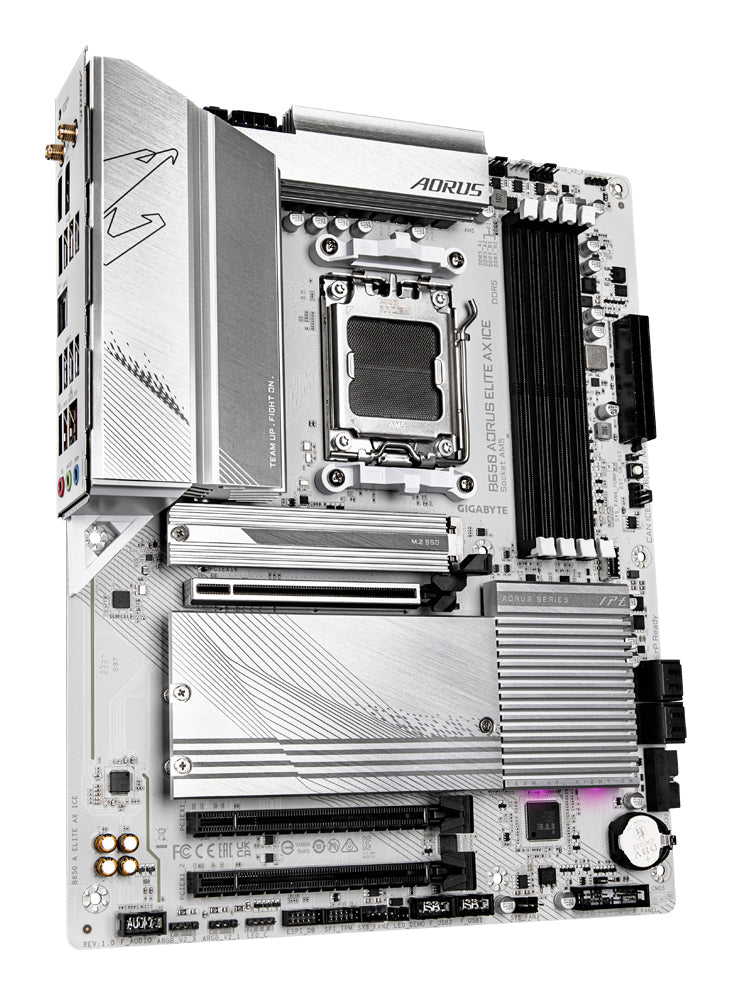 GIGABYTE B650 AORUS ELITE AX ICE Carte mère - Compatible avec les processeurs AMD Ryzen 9000, VRM numérique 12+2+2 phases, jusqu'à 8000 MHz DDR5 (OC), 1xPCIe 5.0 + 2xPCIe 4.0 M.2, Wi-Fi 6E, LAN 2.5GbE, USB 3.2 Gen 2x2