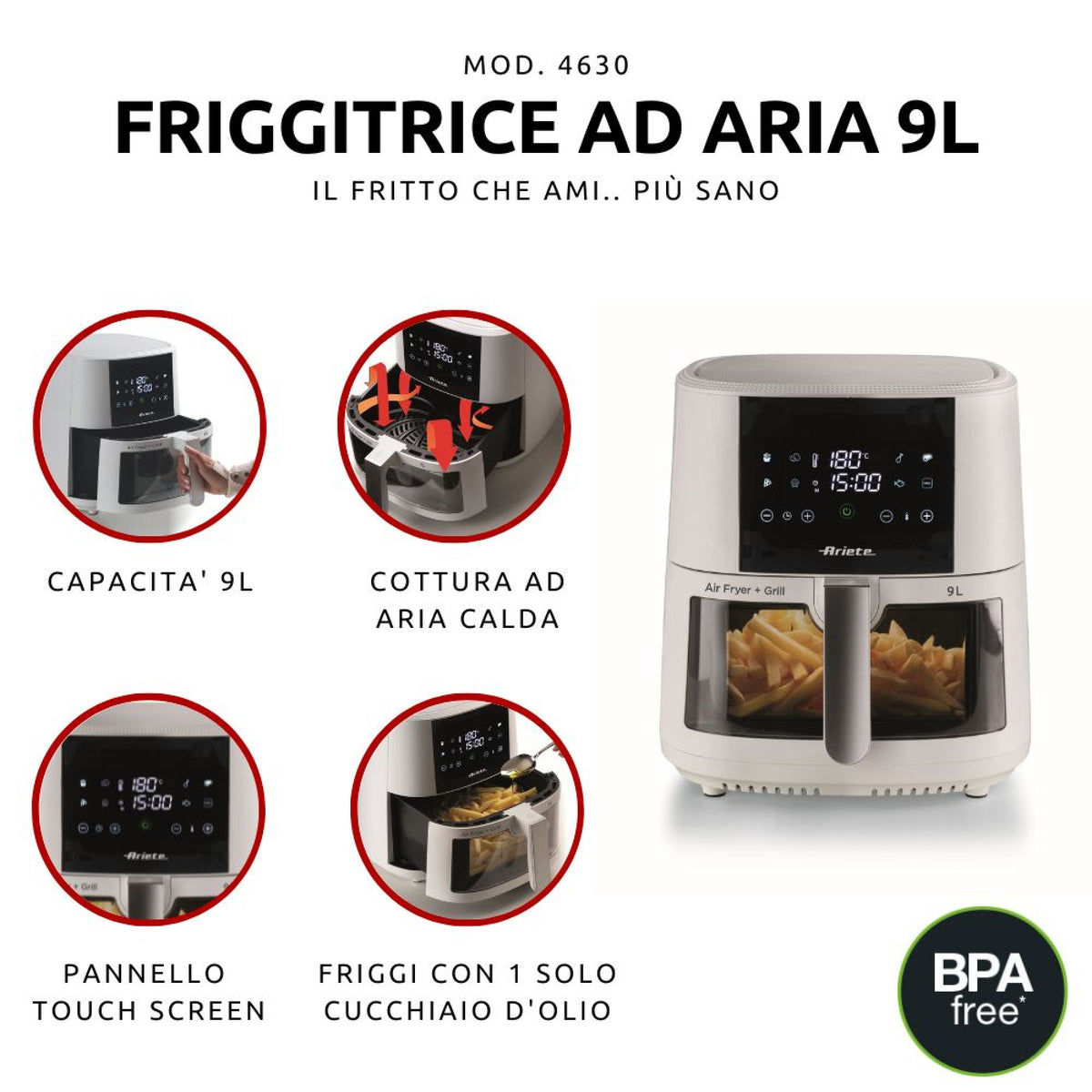 Ariete 4630/03 Unique 9 L 1500 W Friteuse d’air chaud Blanc - vue 5
