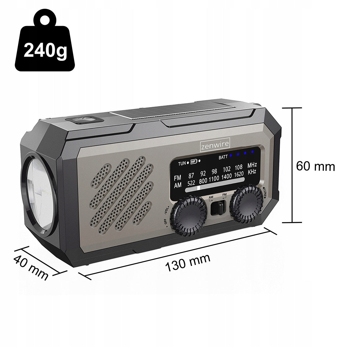 Mini radio portable solaire d'urgence pour le chantier, à manivelle, avec piles et batterie externe Zenwire Vibe Y2