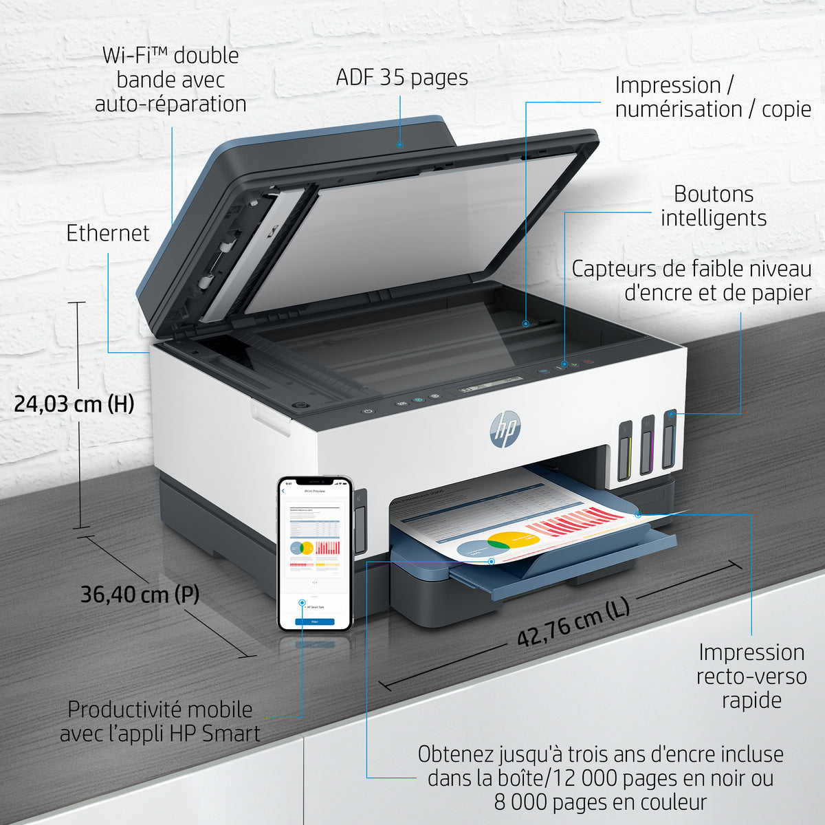 HP Smart Tank 7306 Imprimante Multifonction Couleur Sans Fil, Recto-Verso, Copieur et Scanner