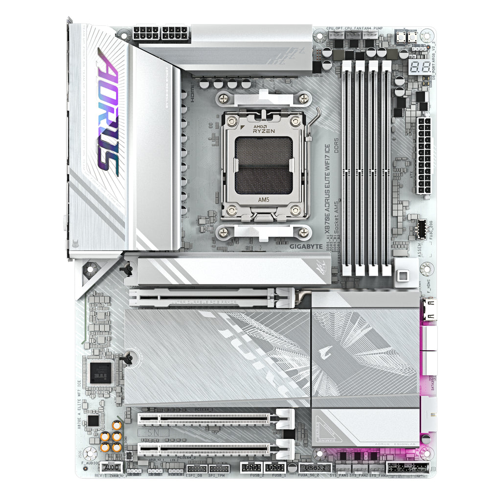 GIGABYTE X870E AORUS ELITE WIFI7 ICE Carte mère - Prend en charge les processeurs AMD Ryzen 9000, VRM numérique 16+2+2 phases, jusqu'à 8200 MHz DDR5 (O.C.), 3x PCIe 5.0 + 1x PCIe 4.0, Wi-Fi 7, LAN 2.5 GbE, USB 4
