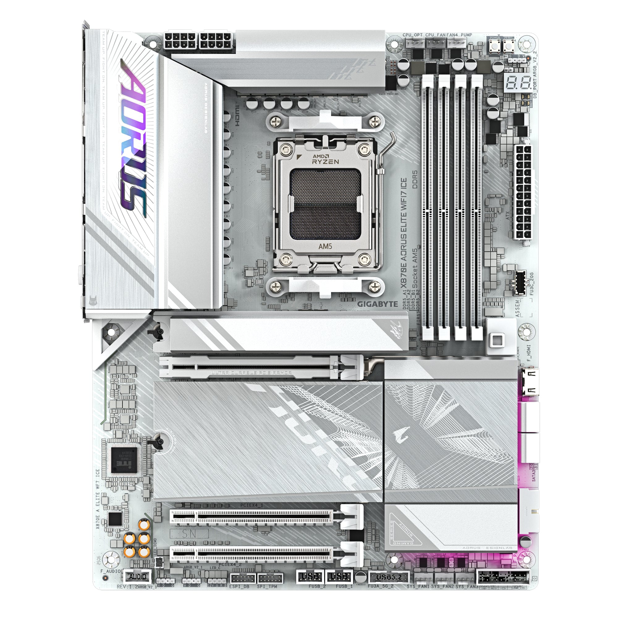 GIGABYTE X870E AORUS ELITE WIFI7 ICE Carte mère - Prend en charge les processeurs AMD Ryzen 9000, VRM numérique 16+2+2 phases, jusqu'à 8200 MHz DDR5 (O.C.), 3x PCIe 5.0 + 1x PCIe 4.0, Wi-Fi 7, LAN 2.5 GbE, USB 4