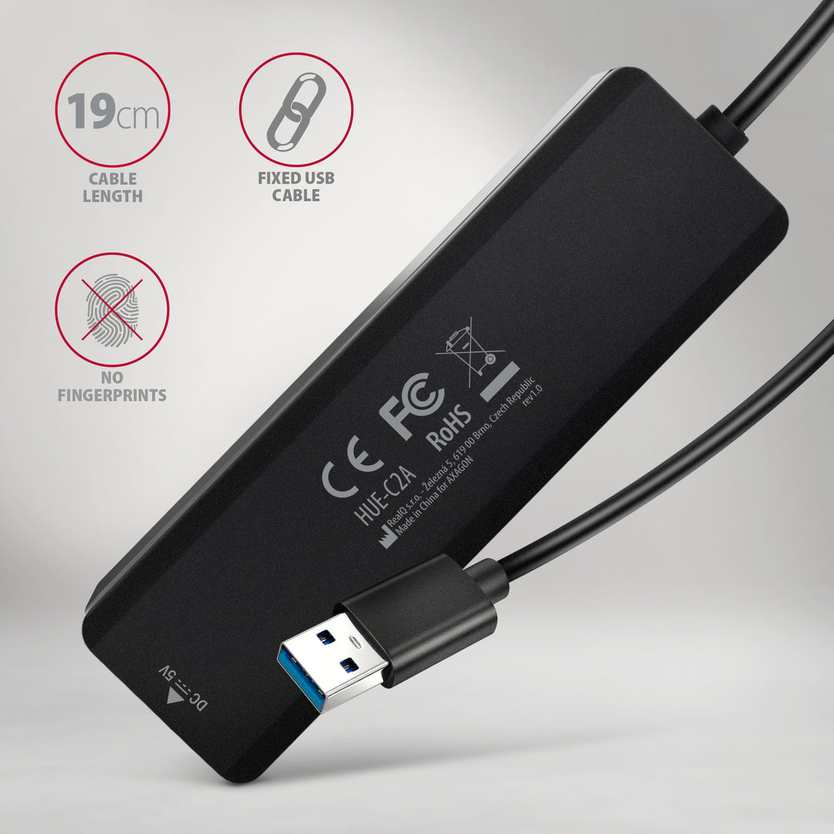 Axagon HUE-C2A hub & concentrateur USB 3.2 Gen 1 (3.1 Gen 1) Type-A 5000 Mbit/s Noir