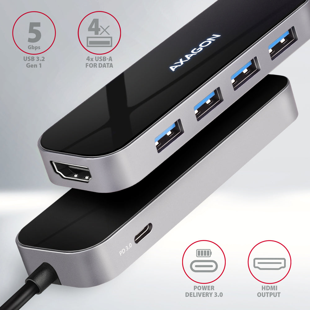 Axagon HMC-6H4A station d'accueil Avec fil USB 3.2 Gen 1 (3.1 Gen 1) Type-C Noir, Gris