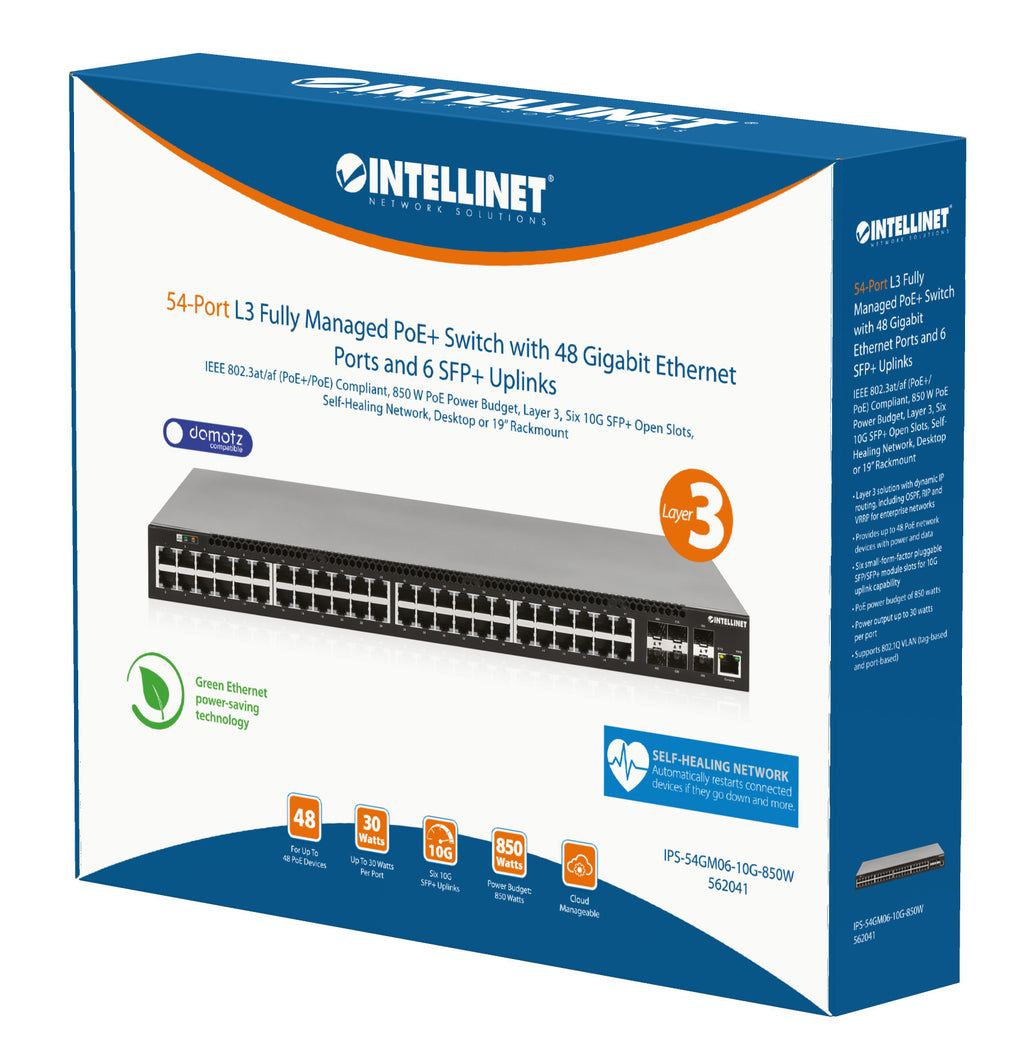 Intellinet Commutateur Réseau PoE+ L3 Administrable 54 ports, 48 ports Gigabit, 6 SFP+ 10G, Budget 850W, Rack 19"