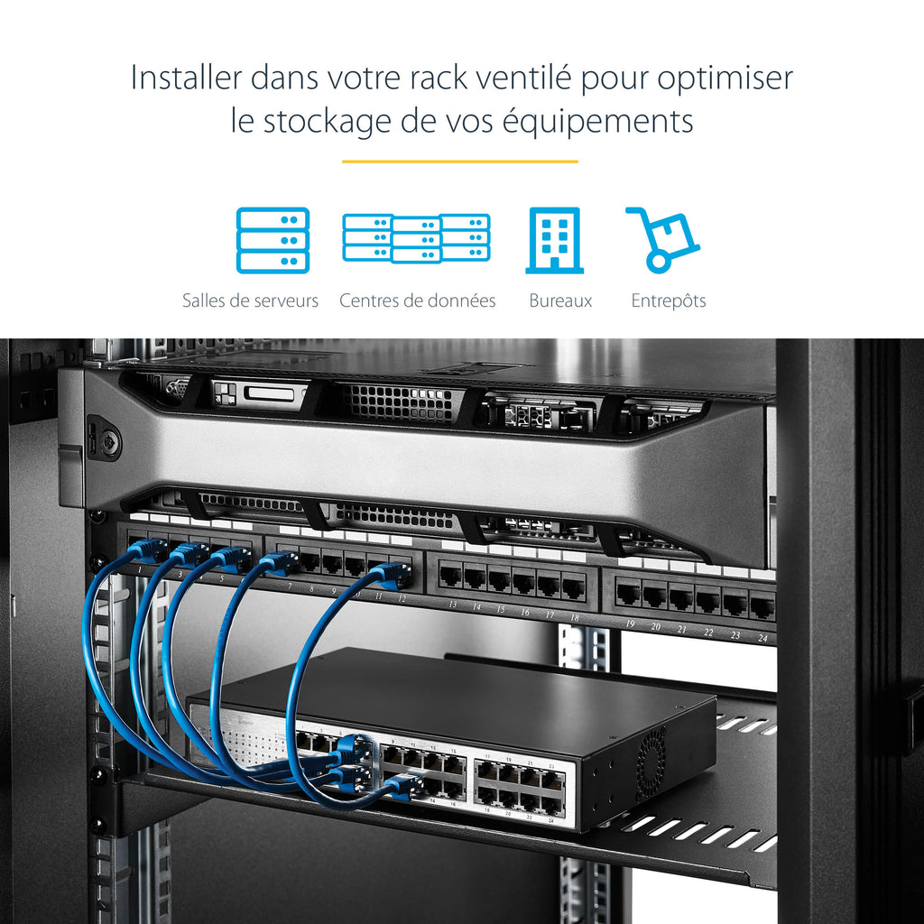 StarTech.com Étagère Rack Serveur 1U - Plateau Cantilever Universel Ventilé pour Armoire d'Équipement Réseau 19" - Acier Résistant - Poids Max 20kg - Étagère de 25cm de Profondeur, Noir