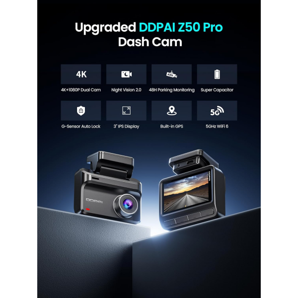 Ddpai Dash + Rear Camera Z50 Pro Dual, 4K, Wi-Fi, GPS, 3inch LCD, Black