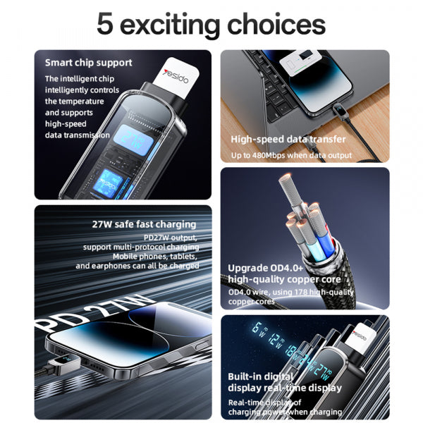 Yesido USB-C to USB-C Cable CA180, 27W, 2.4A, 1.2m, Black