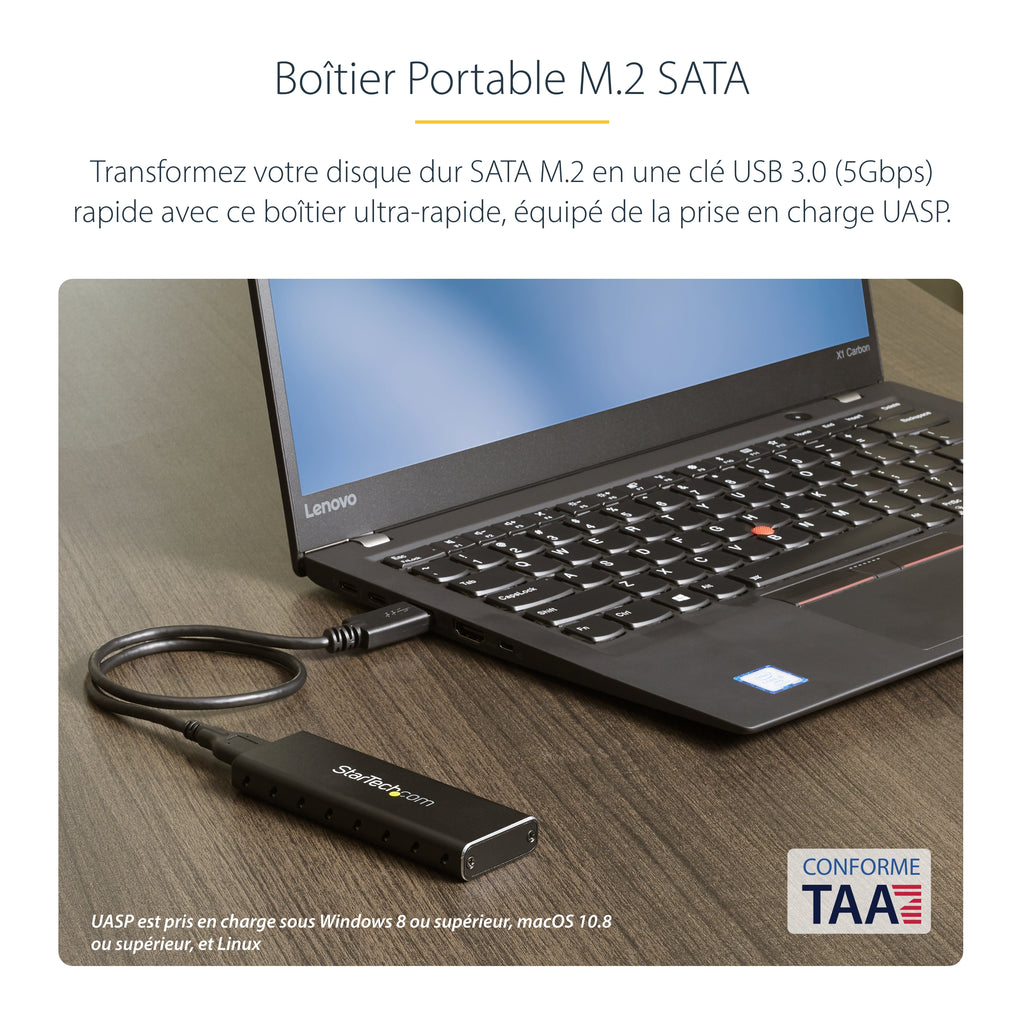 StarTech.com Boîtier Aluminium M.2 SSD vers USB 3.0 (5Gbps) avec UASP - Noir - M.2 NGFF SATA avec Clé B & Clé B+M - Boîtier Externe M.2 Portable - Non Compatible avec NVMe / AHCI
