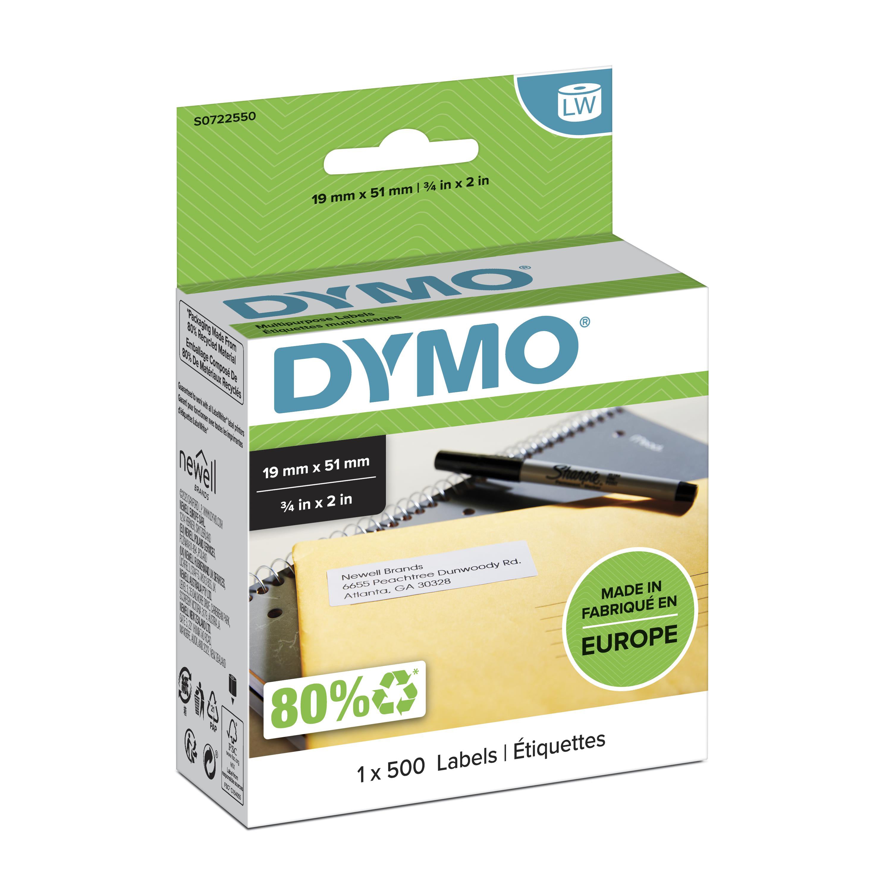 DYMO LW étiquettes autocollantes authentiques de retour/polyvalentes | 19 mm x 51 mm | rouleau de 500 étiquettes faciles à décoller | pour les étiqueteuses LabelWriter