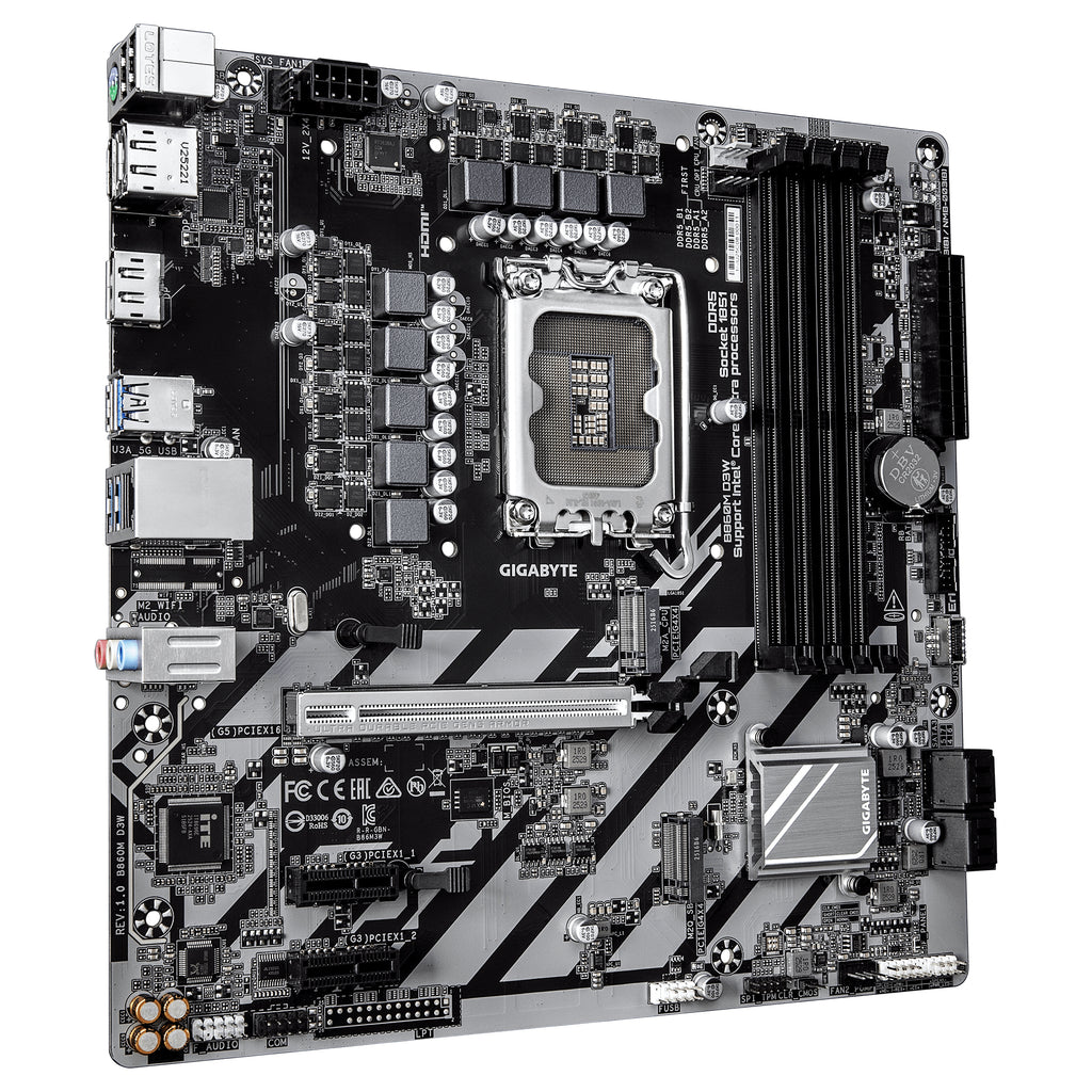 GIGABYTE B860M D3W Carte Mère – Processeurs Intel Core Ultra Series, VRM 4+1+2 phases, jusqu’à 9066 MHz DDR5, 2x PCIe 4.0 M.2, LAN 1 GbE, USB 3.2 Gen 1 - vue 3