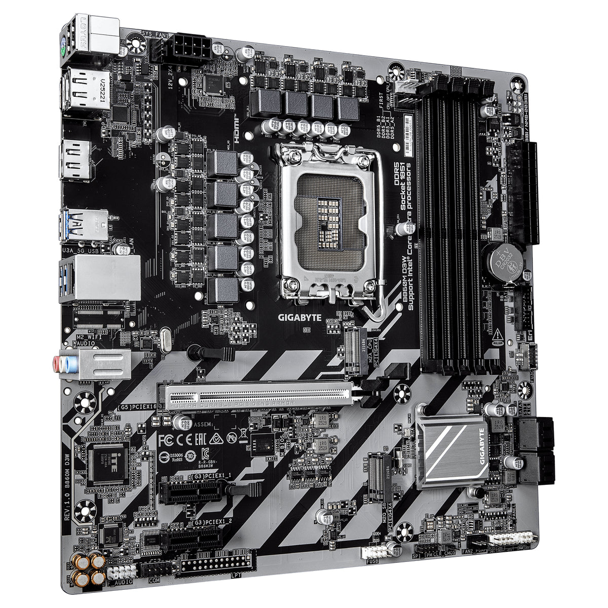 GIGABYTE B860M D3W Carte Mère – Processeurs Intel Core Ultra Series, VRM 4+1+2 phases, jusqu’à 9066 MHz DDR5, 2x PCIe 4.0 M.2, LAN 1 GbE, USB 3.2 Gen 1 - vue 3