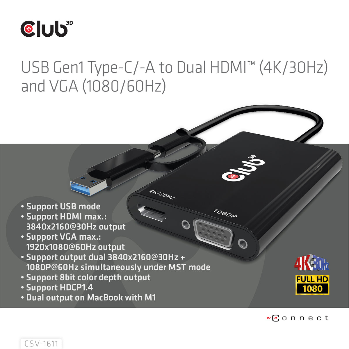 CLUB3D CSV-1611 Adaptateur Graphique USB 4K 3840 x 2160 pixels, Noir
