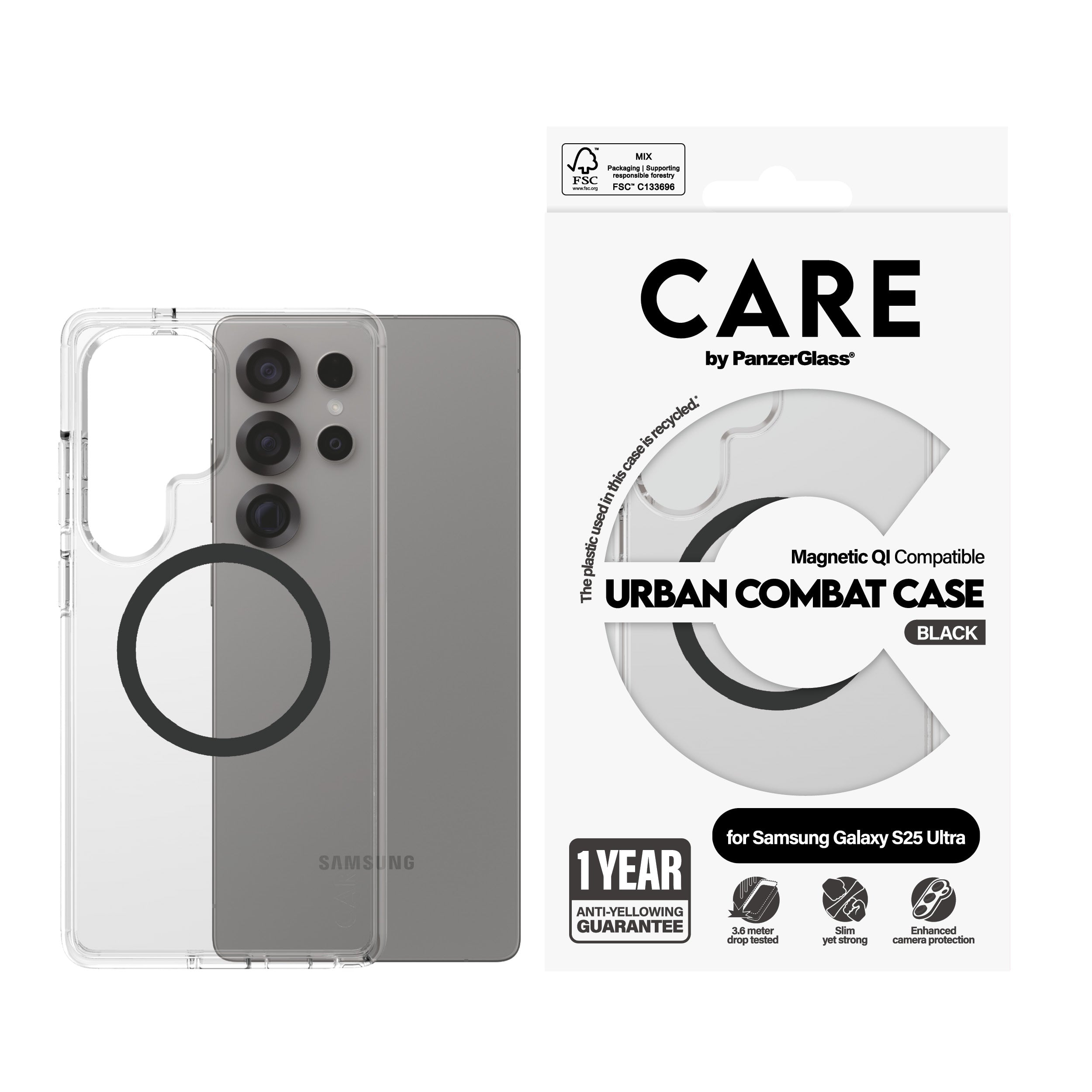 PanzerGlass PanzerGlass CARE™ by ® Urban Combat Case Transparent w. Black Qi Compatible Samsung Galaxy S25 Ultra coque de protection pour téléphones portables Housse