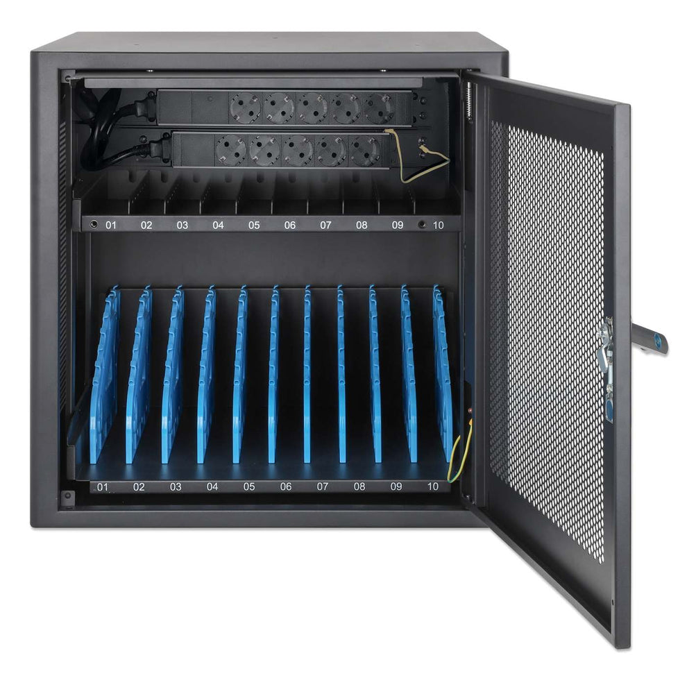 Manhattan Laptop Charging Cabinet Desktop via AC Adapter (EU) 10-bay Install device's AC Adapter (power cables) into unit Suitable for ALL laptops (to 16 ) iPads MacBooks Chromebooks other portable devices Bays 380x30x280mm Cart Lockable - vue 8