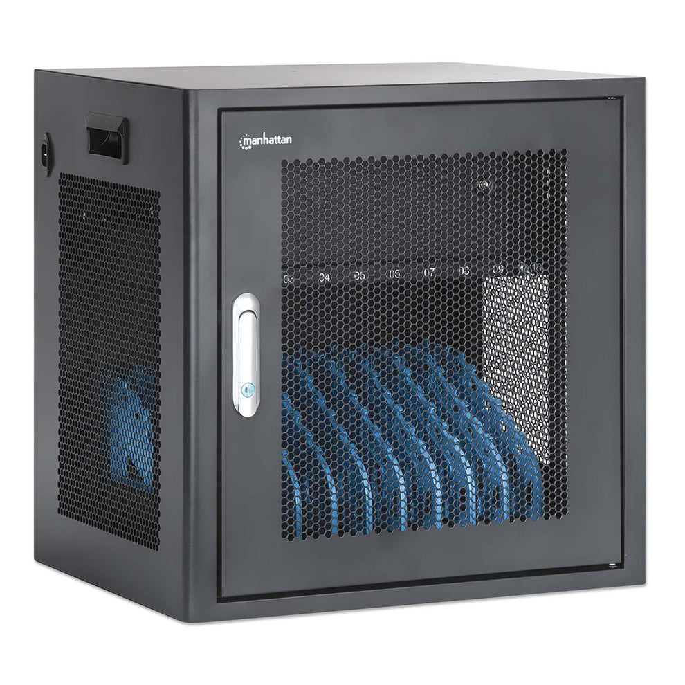 Manhattan Laptop Charging Cabinet Desktop via AC Adapter (EU) 10-bay Install device's AC Adapter (power cables) into unit Suitable for ALL laptops (to 16 ) iPads MacBooks Chromebooks other portable devices Bays 380x30x280mm Cart Lockable - vue 3