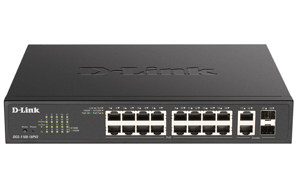 D-Link DGS-1100-18PV2 Commutateur Réseau Géré L2 Gigabit Ethernet PoE 1U Noir