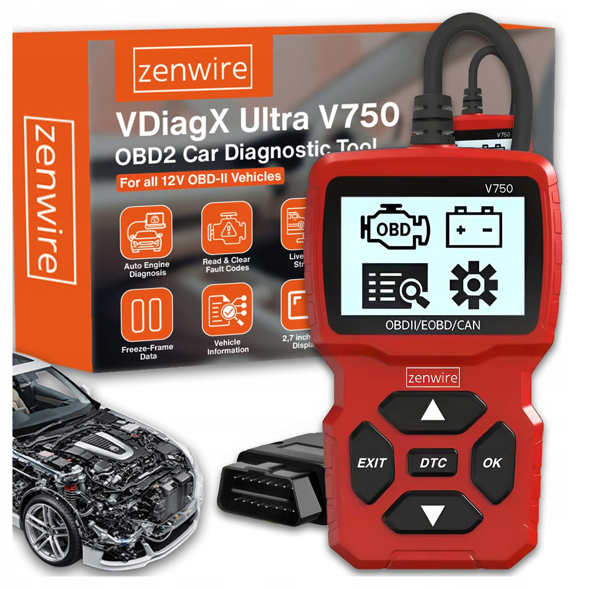 Testeur, interface, scanner, ordinateur, écran de diagnostic OBD2, CAN, VIN, Zenwire V750