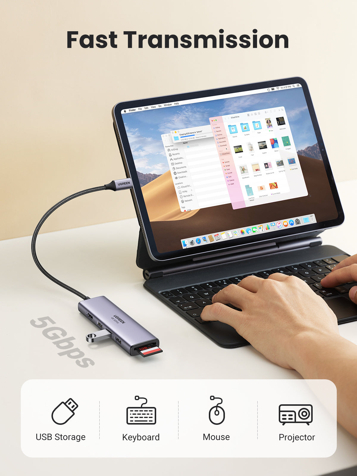 Ugreen CM511 5-in-1 Adapter USB-C Hub to 3x USB3.0 + HDMI + TF/SD Gray