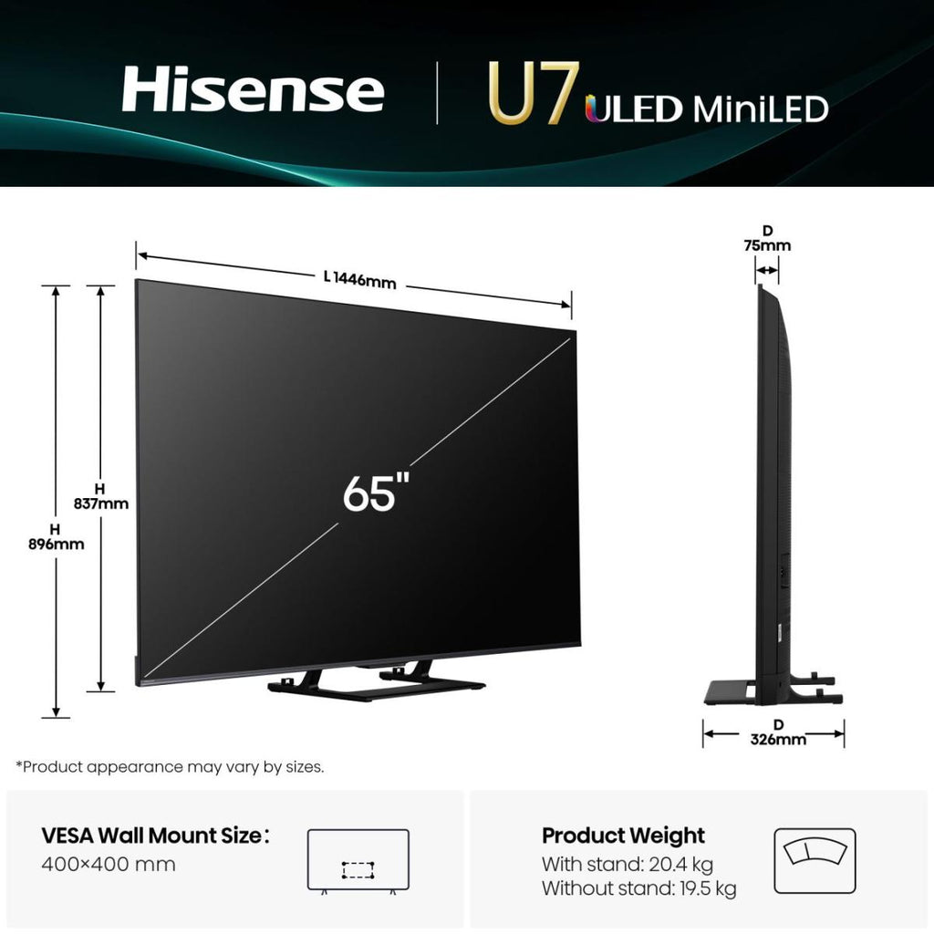 Hisense 65U7Q 165,1 cm (65") 4K Ultra HD Smart TV Wifi Noir 500 cd/m² - vue 2
