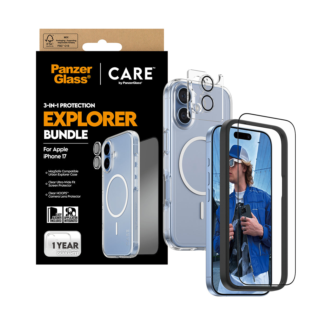 PanzerGlass CARE 3-in-1 Flagship Explorer Bundle pour iPhone 17, Protection d'écran Transparente