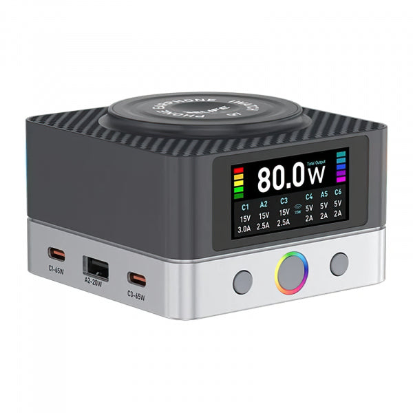 Relife Desktop Charger Q7 QI, 80W, 3.25A, 2 x USB-A - 4 x USB-C, Grey