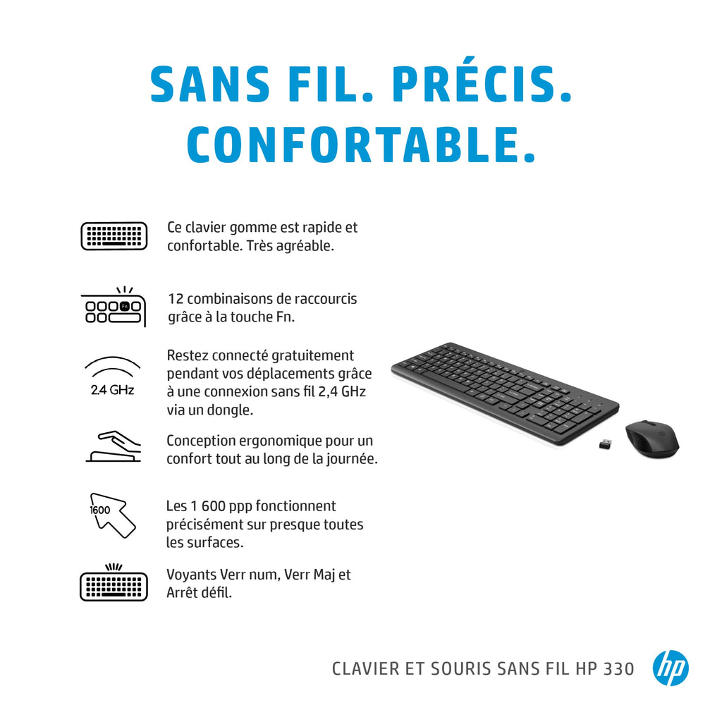 HP Ensemble Clavier et Souris Sans Fil 330, Noir, Disposition QWERTY Anglais