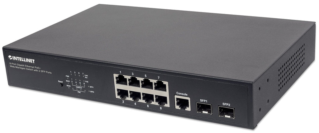 Intellinet Commutateur Gigabit Ethernet PoE+ Administrable 8 Ports, 2 Ports SFP, Budget 140W, Rack 19"