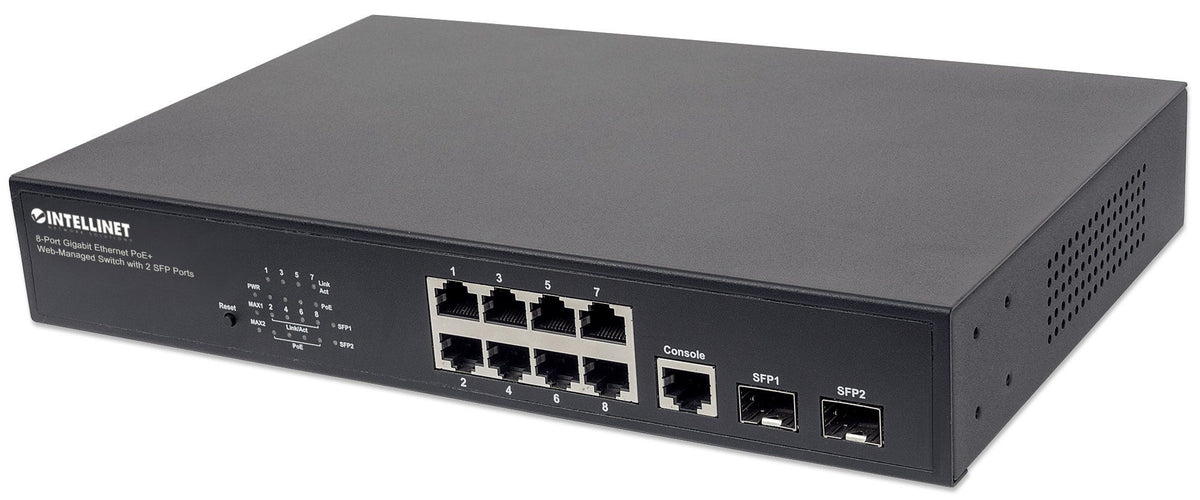 Intellinet Commutateur Gigabit Ethernet PoE+ Administrable 8 Ports, 2 Ports SFP, Budget 140W, Rack 19"