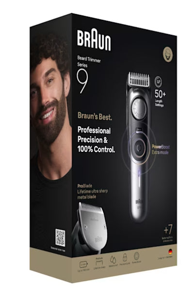 Braun BeardTrimmer 9 BT9520 Tondeuse à Barbe Noir et Gris, Étanche Mouillé & Sec