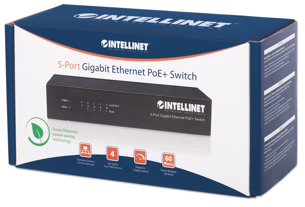 Intellinet Commutateur réseau (switch) Gigabit Ethernet PoE+ 5 ports, 4 ports PSE, compatible IEEE 802.3at/af, budget PoE 60W, format bureau, garantie de 3 ans - vue 6