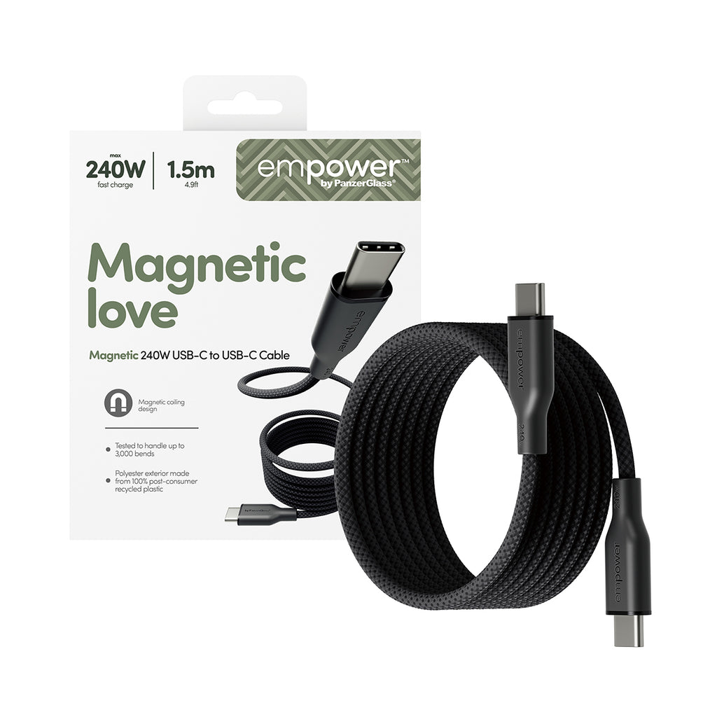 PanzerGlass empower™ Câble USB-C vers USB-C Magnétique 240W, USB 2.0, 1,5m, Space Black Transparent