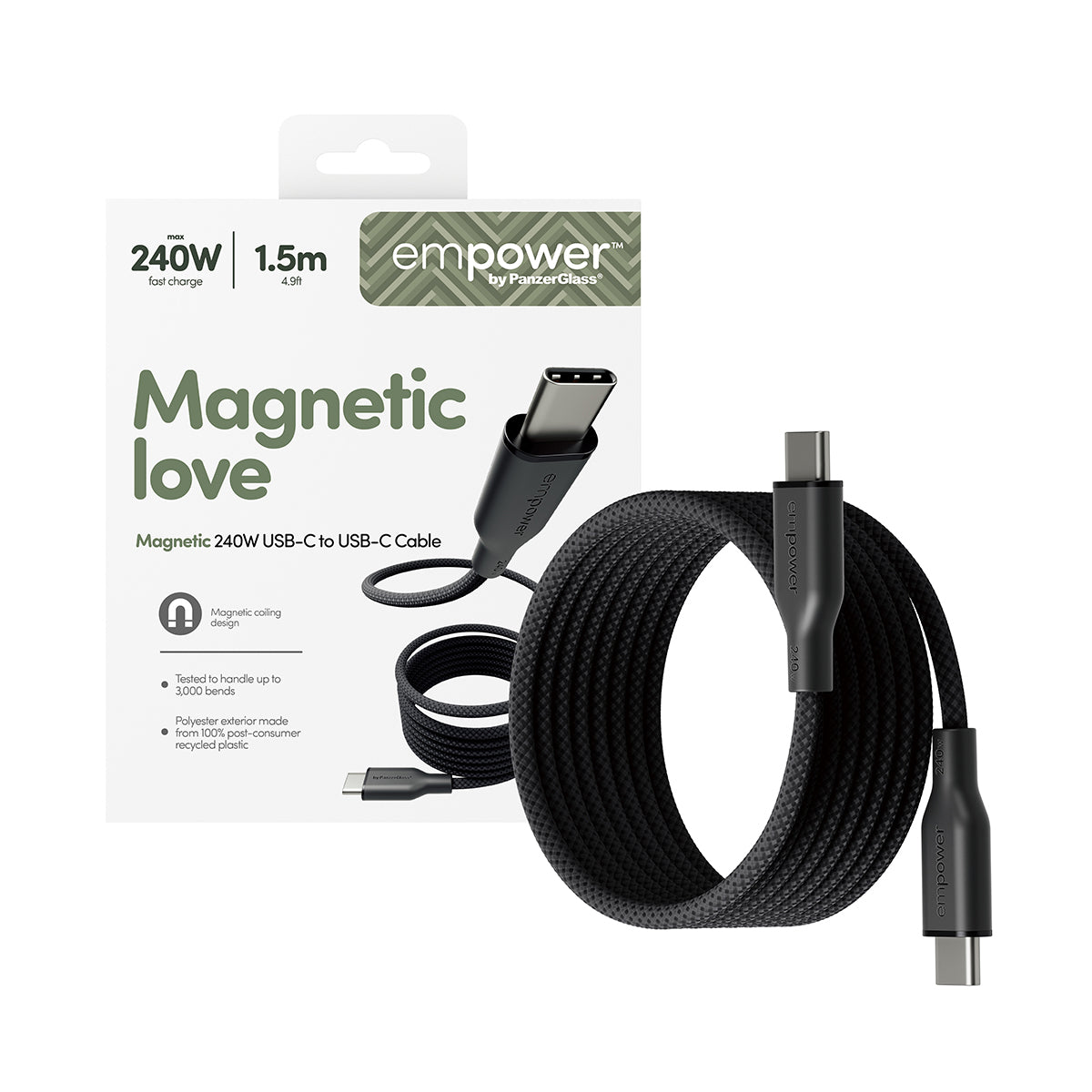 PanzerGlass empower™ Câble USB-C vers USB-C Magnétique 240W, USB 2.0, 1,5m, Space Black Transparent