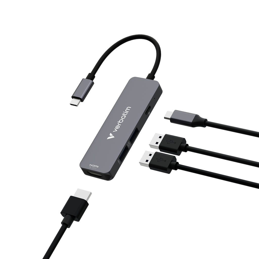 Verbatim Hub multiports USB-C Essentials, HDMI 4K, USB-C PD 3.0, USB-A 3.2 Gen 1 et 2.0, Gris