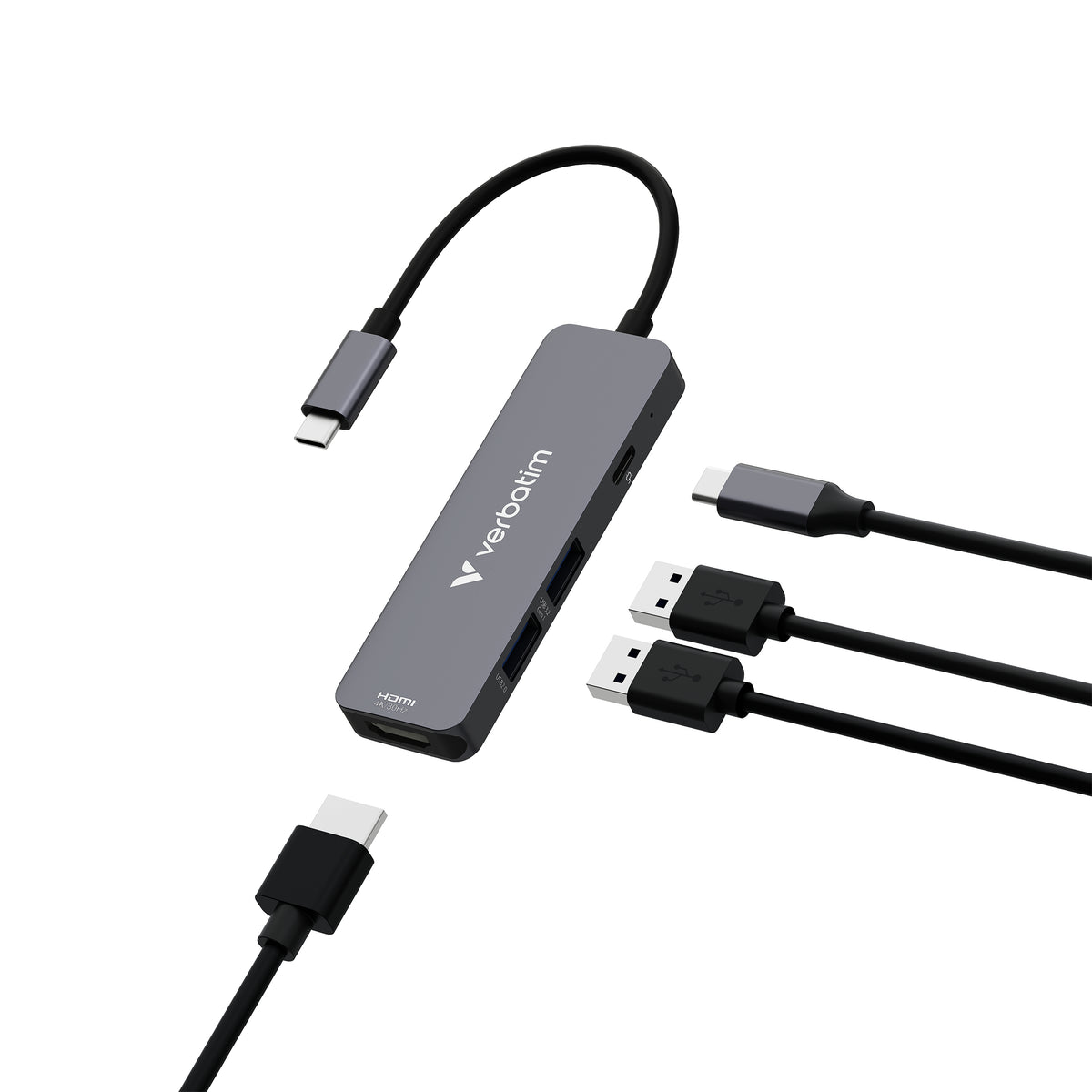 Verbatim Hub multiports USB-C Essentials, HDMI 4K, USB-C PD 3.0, USB-A 3.2 Gen 1 et 2.0, Gris