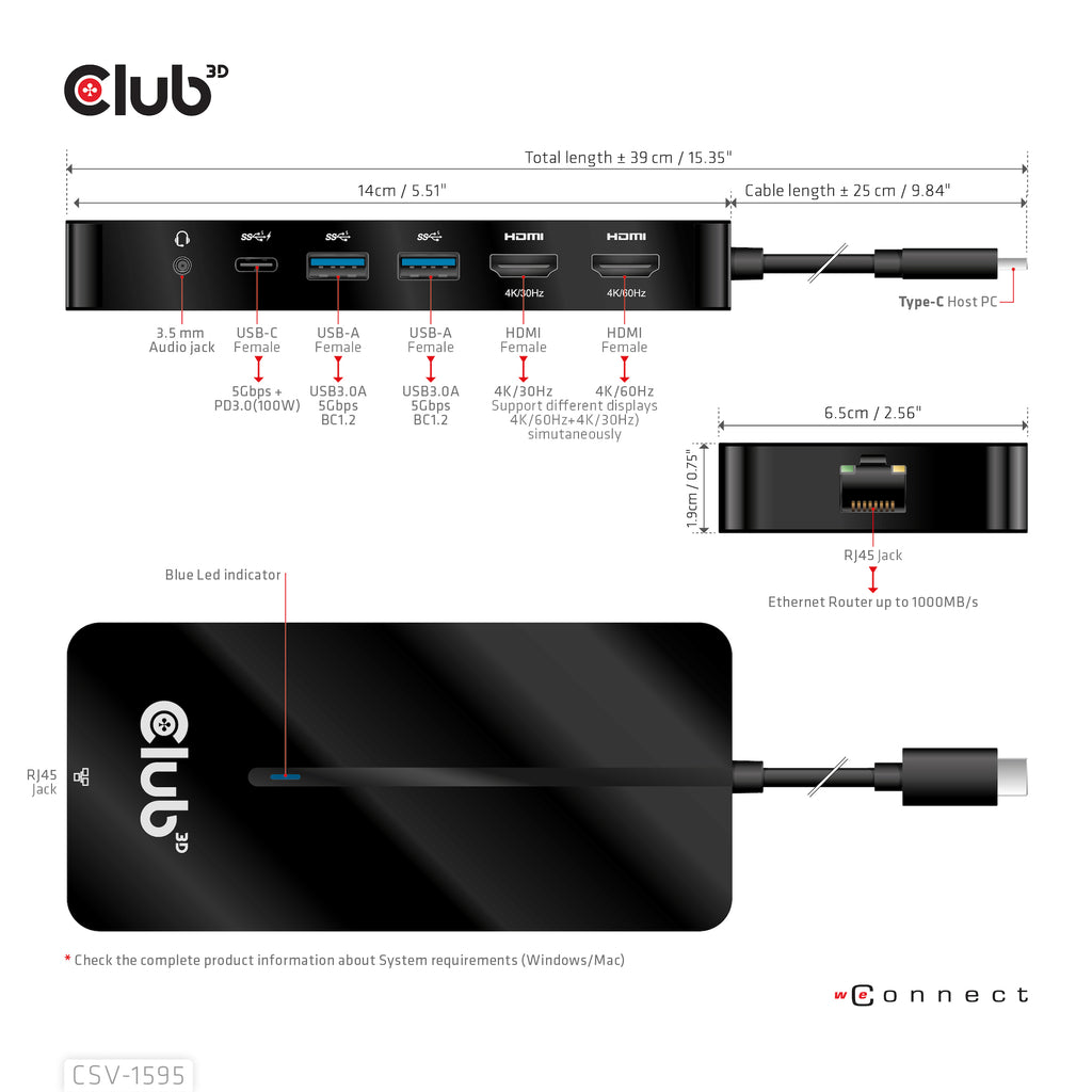 CLUB3D CSV-1595 Station d'accueil USB 3.2 Gen 1 Type-C, 4K UHD 60Hz, Noir