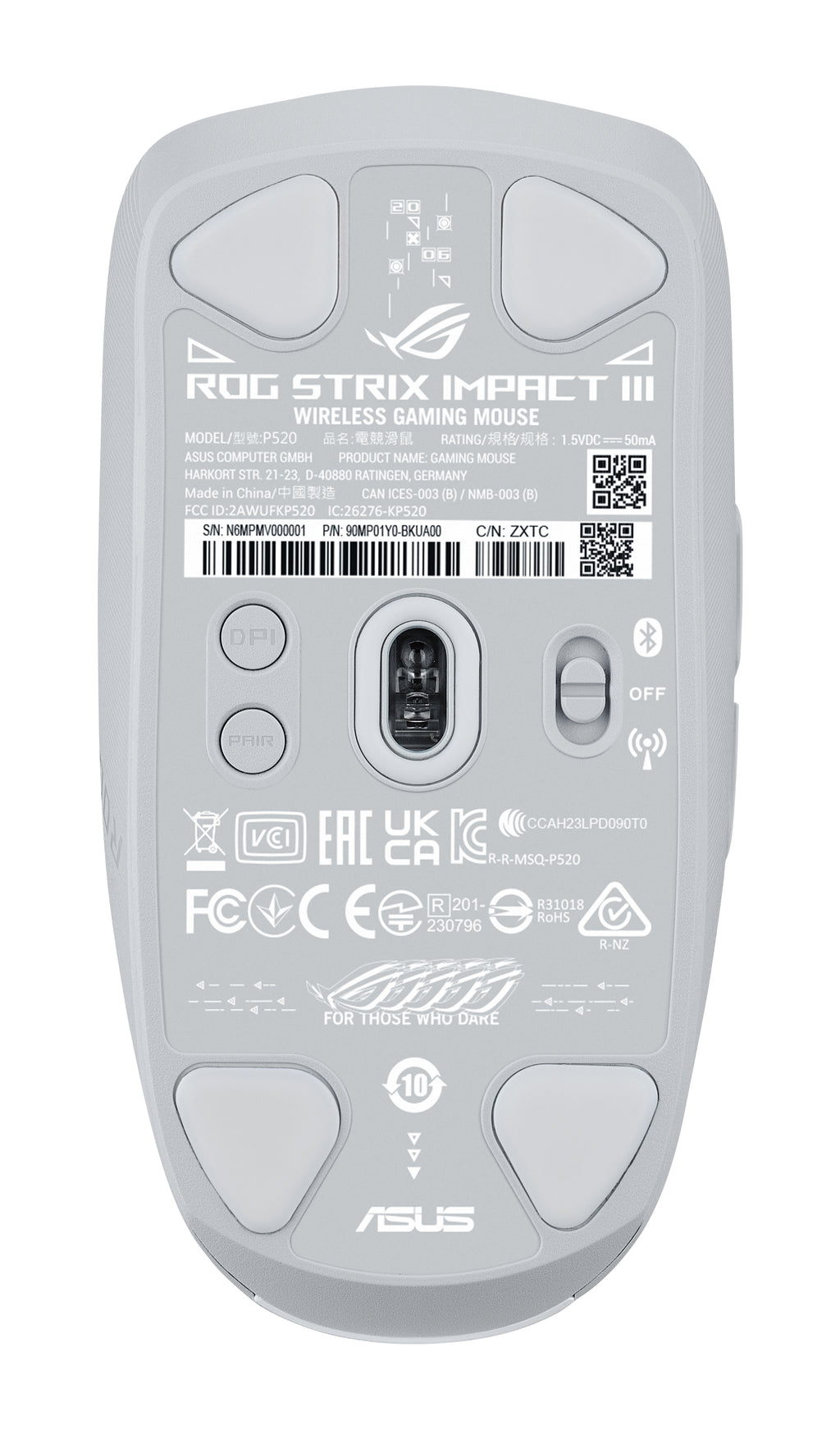 ASUS ROG Strix Impact III Wireless Souris Gaming Ambidextre, Optique 36000 DPI, RF sans fil et Bluetooth, Blanc