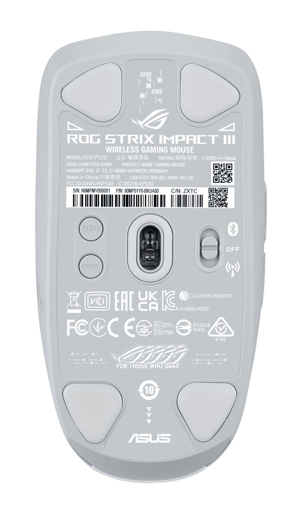 ASUS ROG Strix Impact III Wireless Souris Gaming Ambidextre, Optique 36000 DPI, RF sans fil et Bluetooth, Blanc